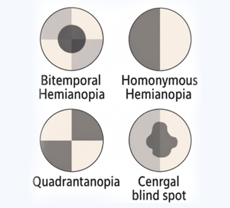 Missing areas or blind spots in vision caused by nerve or brain issues.