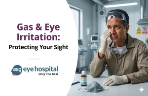 Person experiencing eye irritation and redness due to smoke, gas, and pollution exposure
