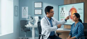 Eye doctor examining a patient with early vision loss symptoms using advanced eye diagnostic equipment to detect eye diseases.