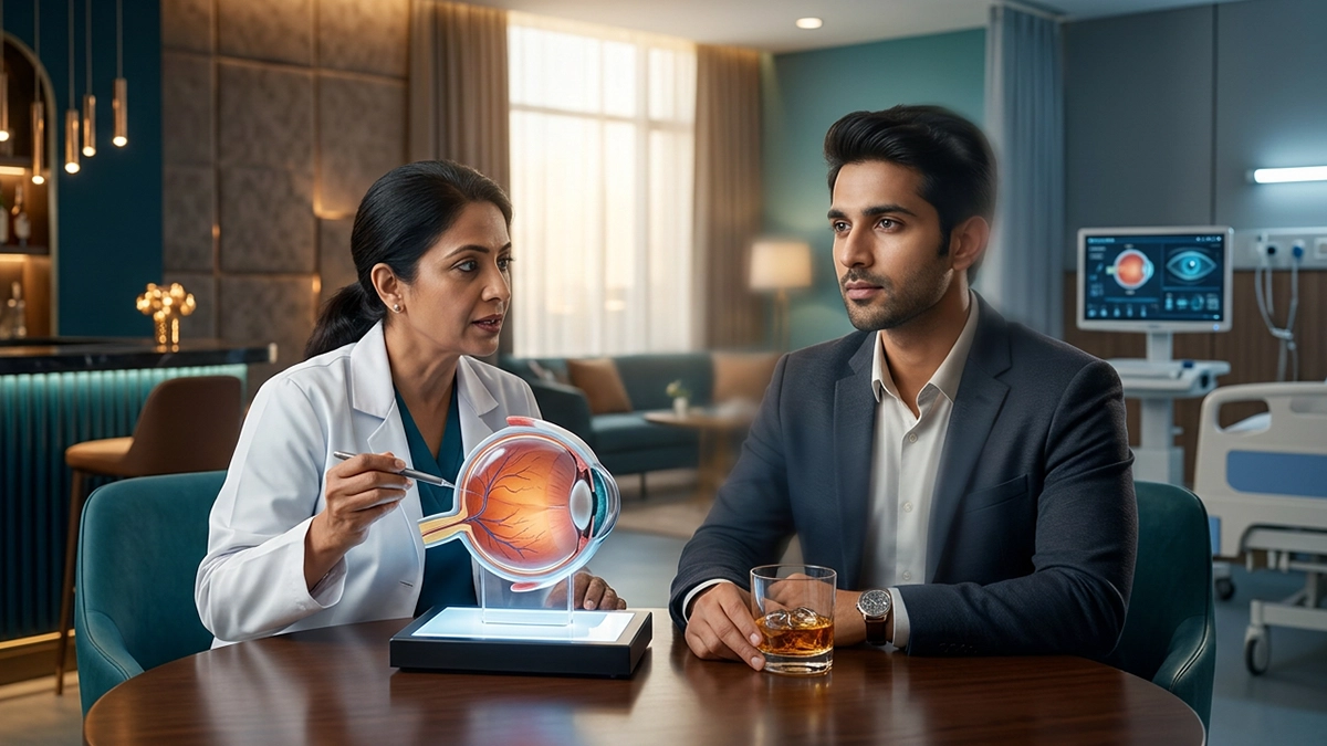 Illustration showing blurred vision after alcohol consumption and its effects on eye health and eyesight.