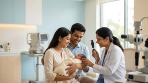New parent caring for a baby's eyes, highlighting infant eye care, healthy vision development, and early eye health checks.