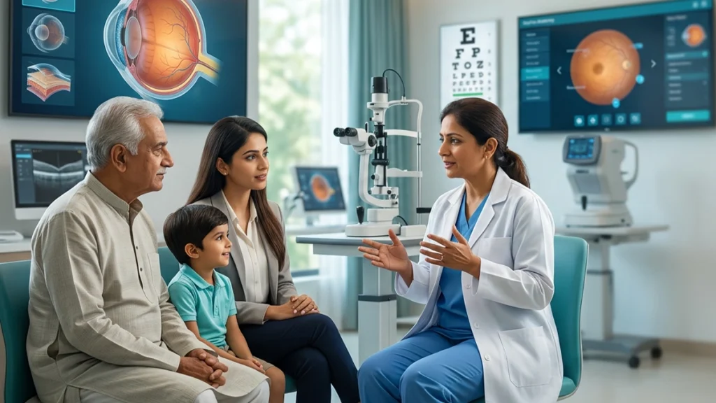 Eye specialist answering common eye health questions during a patient consultation about vision, symptoms, treatment, and eye care.