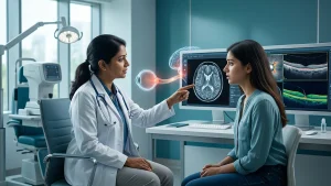Eye examination illustrating optic neuritis with optic nerve inflammation, blurred vision, and diagnostic evaluation by an eye specialist.