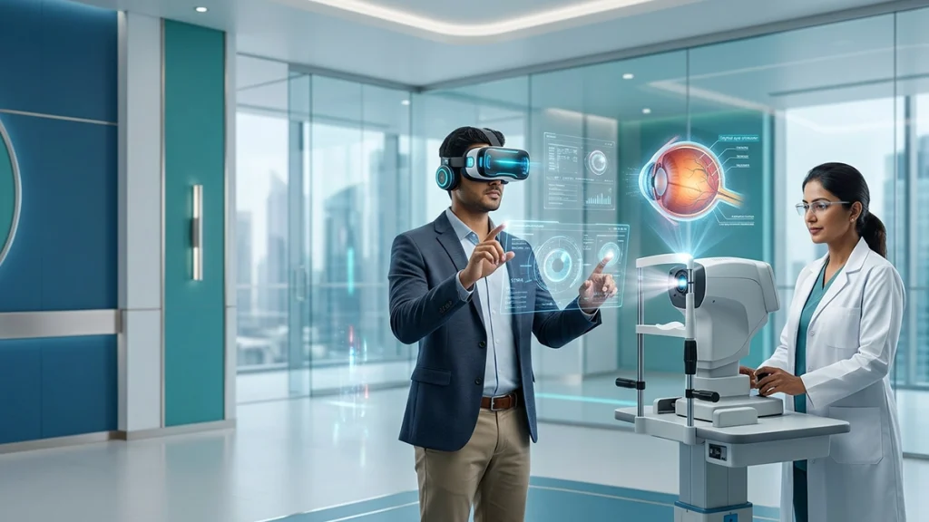 Person using a VR headset and AR smart glasses, illustrating the effects of AI-powered devices on eye health, digital eye strain, and vision.