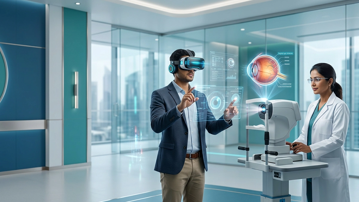 Person using a VR headset and AR smart glasses, illustrating the effects of AI-powered devices on eye health, digital eye strain, and vision.