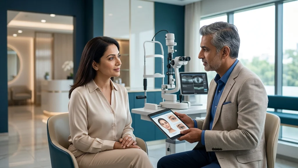 Eye specialist performing a cosmetic ophthalmology consultation, highlighting eyelid surgery and aesthetic eye treatment options.