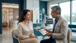 Eye specialist performing a cosmetic ophthalmology consultation, highlighting eyelid surgery and aesthetic eye treatment options.