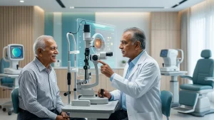Patient with blurry or cloudy vision during a post-cataract surgery eye examination, highlighting recovery and treatment options.