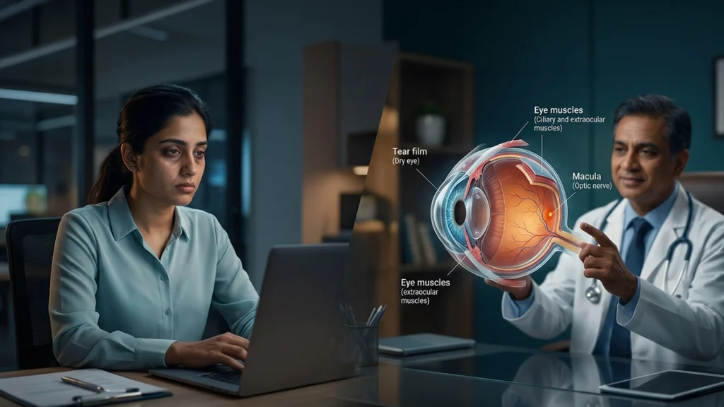 Person with tired, red eyes caused by stress and sleep deprivation, highlighting eye strain, dry eyes, and vision-related symptoms.