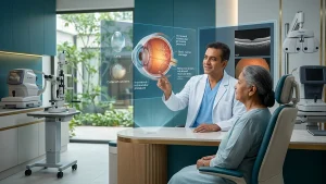 Eye specialist examining a patient for common eye disorders, highlighting eye symptoms, diagnosis, treatment, and vision care.