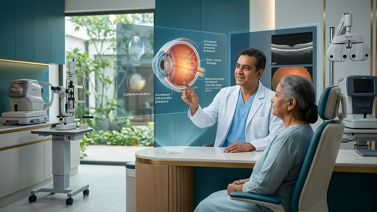 Eye specialist examining a patient for common eye disorders, highlighting eye symptoms, diagnosis, treatment, and vision care.