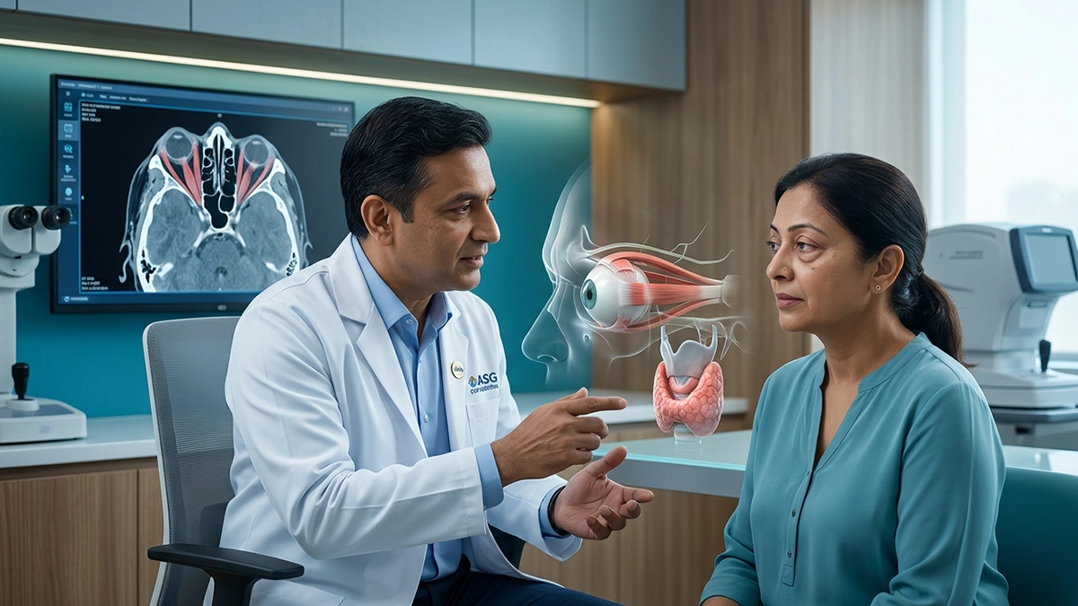 Eye examination showing signs of thyroid eye disease, including bulging eyes and inflammation, with focus on diagnosis and treatment.