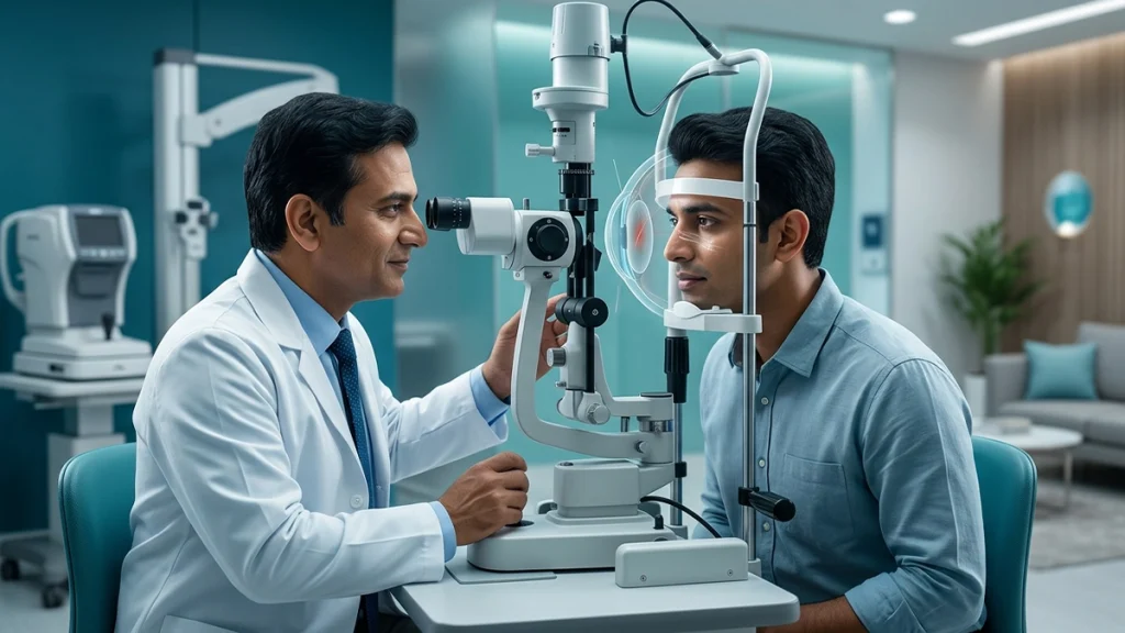 Eye specialist examining a scratched cornea (corneal abrasion) using a slit lamp to diagnose, treat, and monitor eye healing.