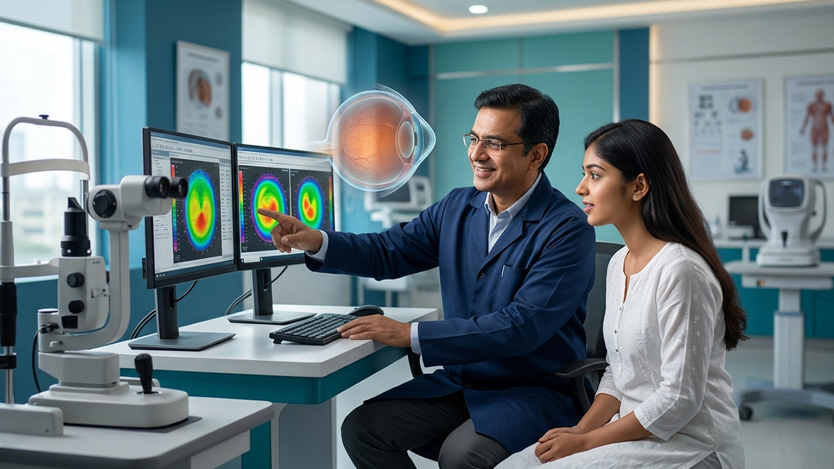Eye specialist performing corneal topography to map the cornea for early keratoconus diagnosis and treatment planning.