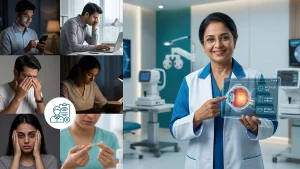 Person using digital screens, rubbing tired eyes, and reading in poor lighting, highlighting daily habits that can harm eye health.