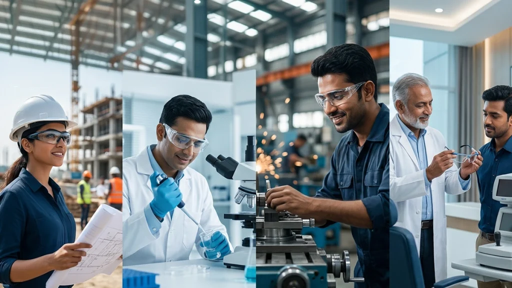 Worker wearing protective safety glasses at work to prevent eye injuries from dust, debris, chemicals, and flying particles.