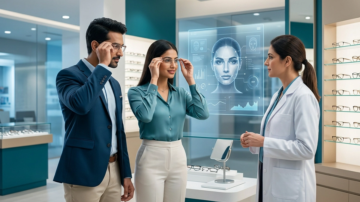 Person choosing spectacle frames based on face shape, comparing different glasses styles for a comfortable and flattering fit.