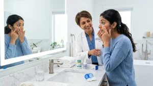 Person safely removing contact lenses with clean hands using the correct technique to prevent eye irritation and infection.