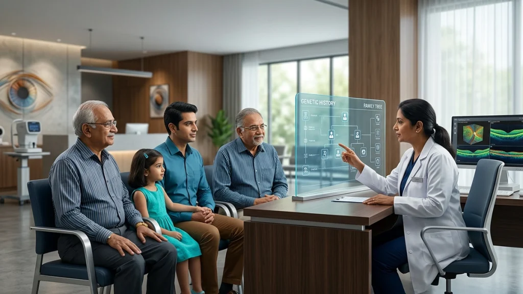 Eye examination illustrating glaucoma screening for people with a family history and genetic risk of glaucoma.