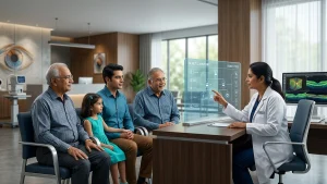 Eye examination illustrating glaucoma screening for people with a family history and genetic risk of glaucoma.