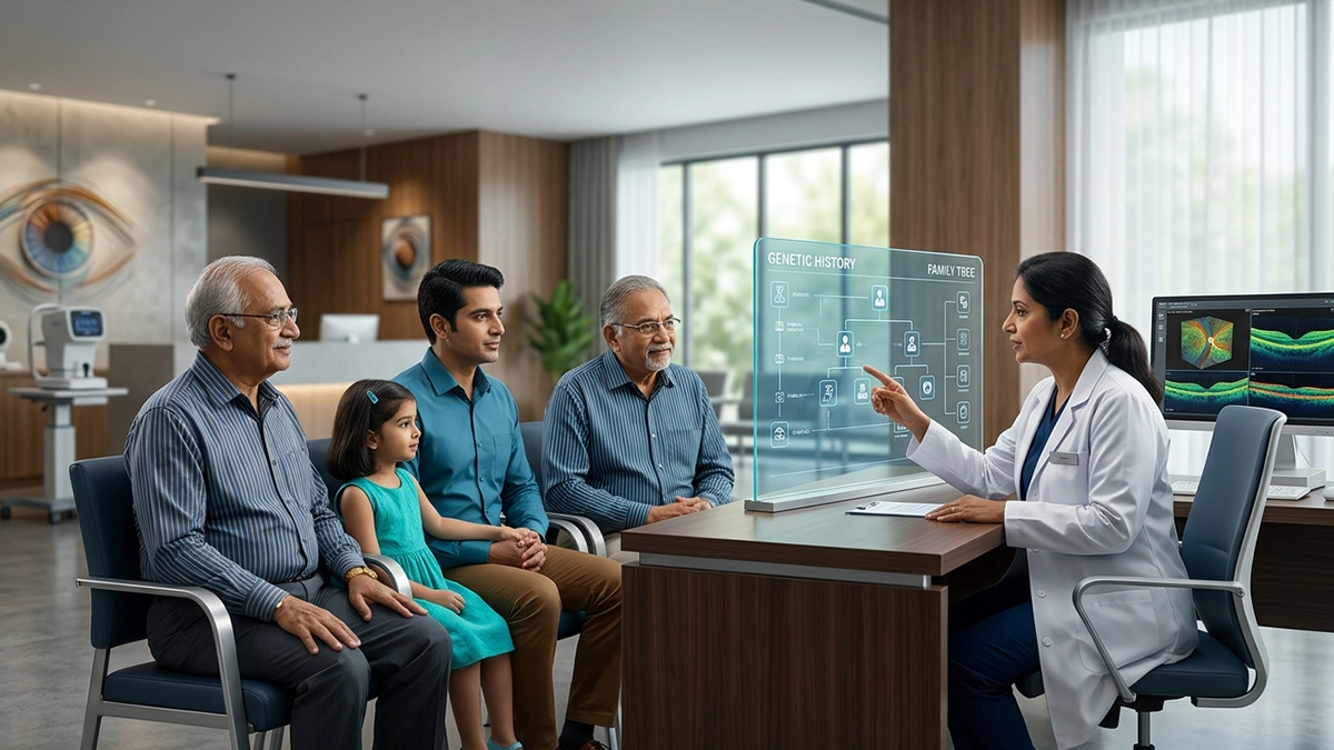 Eye examination illustrating glaucoma screening for people with a family history and genetic risk of glaucoma.