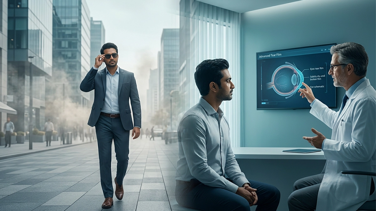 Person experiencing dry, irritated eyes due to air pollution, highlighting environmental effects on eye health and vision.