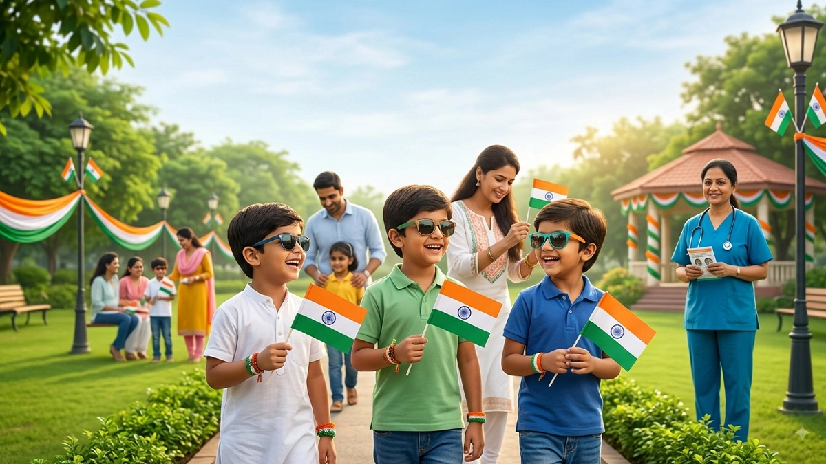 Child wearing protective eyewear during Independence Day celebrations, highlighting safe practices to prevent eye injuries.